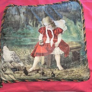 VINTAGE pillow. Girl with chickens. Unique. Square shape 19 x 19